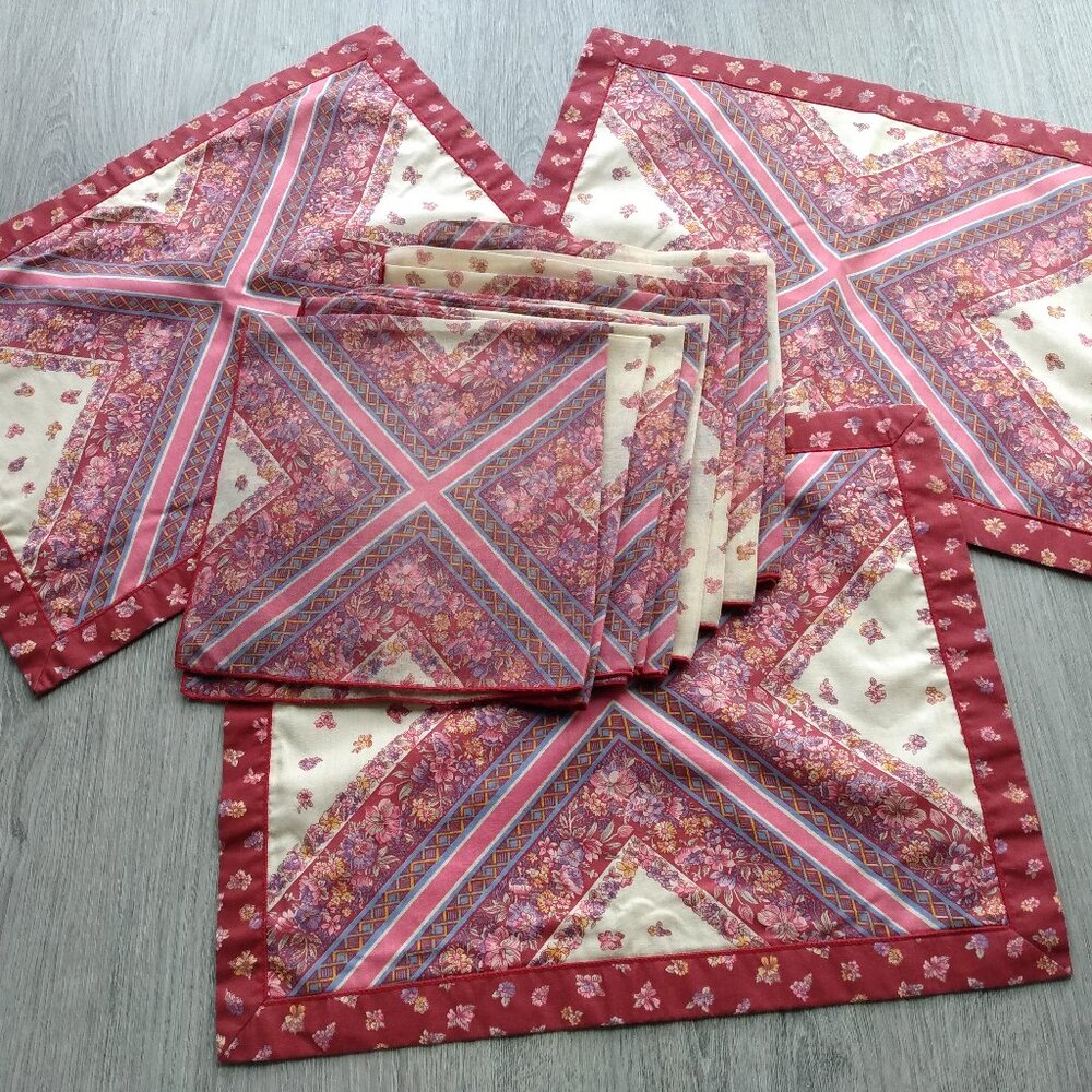 Vintage Placemats Napkins Set Floral Calico 3 Mats 8 Napkins Boho Retro Kitchen